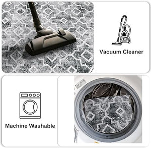 Set of 2, Geometric Washable Non Slip Waterproof Moroccan Black Rug for Kitchen Floor, 20x30+20x47