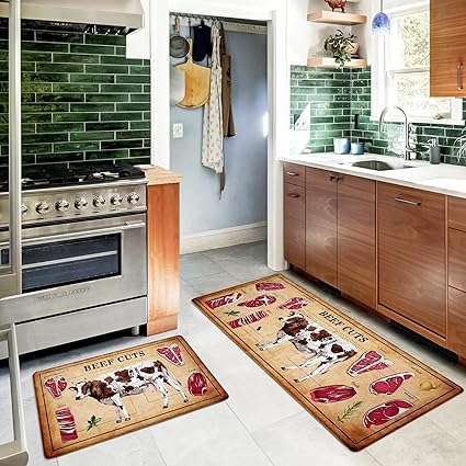 Farmhouse Kitchen Mat 2 PCS, 18'' x 48'' + 18'' x 30'', Beef Cuts