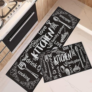 Non Skid Washable Set of 2, Black Cooking Modern Kitchen Runner Rug,