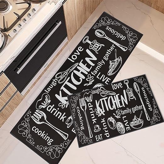 Non Skid Washable Set of 2, Black Cooking Modern Kitchen Runner Rug,