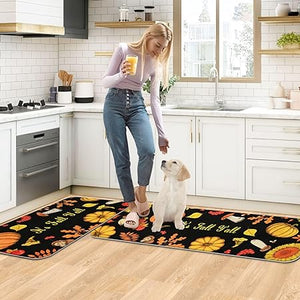 Thanksgiving Pumpkins Absorbent Washable Fall Kitchen Rug Set for Home, 17.3"x 30" +17.3"x 47"