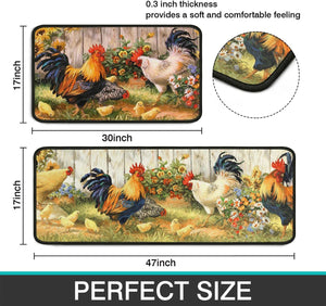 Set of 2, Farm Rooster Kitchen Mat, Seasonal Holiday Cooking Sets Washable Non-Slip Floor Mats for Home Kitchen Decor - 17x29 and 17x47 Inch