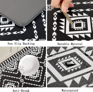 Anti Fatigue Set Black Boho Cushioned Non Slip Kitchen Mats PVC Waterproof Kitchen Runner Rug 17"X48"+17"X28"