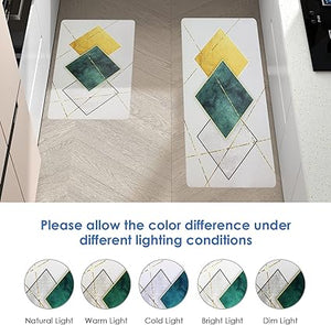 Anti Fatigue Mat Light Grey Background Silver with Gold and Green Luxury Geometric Abstract Art Memory Foam Kitchen Mat Set of 2 Kitchen Sink Mat for Floor Laundry Office