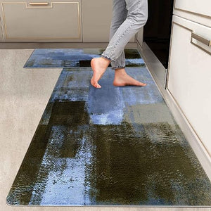 2 Pieces Abstract Anti Fatigue Non Slip Foam Cushioned Blue and Brown Art Painting Comfort Indoor Floor Mat, (17"x48"+17"x24")
