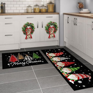 Set of 2 - Buffalo Plaid Tree Gnomes Black Kitchen mat, 17x29 and 17x47 Inch