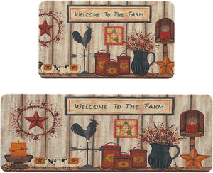 Set of 2, Farm Rooster Kitchen Mat, Seasonal Holiday Cooking Sets Washable Non-Slip Floor Mats for Home Kitchen Decor - 17x29 and 17x47 Inch