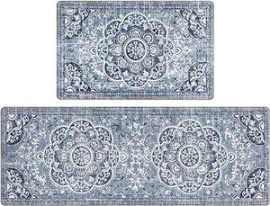 Boho Cushioned Anti Fatigue Waterproof Non Slip Kitchen Mat Set of 2, Blue (17"x47"+17"x28")