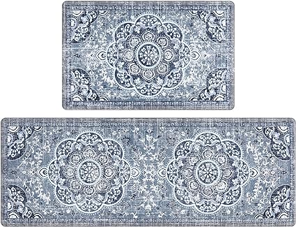 Boho Cushioned Anti Fatigue Waterproof Non Slip Kitchen Mat Set of 2, Blue (17