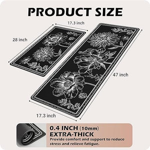 2 Pieces Anti-Fatigue Non-Slip Comfort Standing Kitchen Rugs 17.3x28+17.3x47 Black