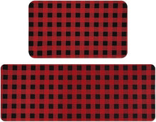 Non-Slip Washable Low-Profile Winter Xmas Buffalo Plaid Kitchen Mats Set of 2, 17"x47"+17" x30"