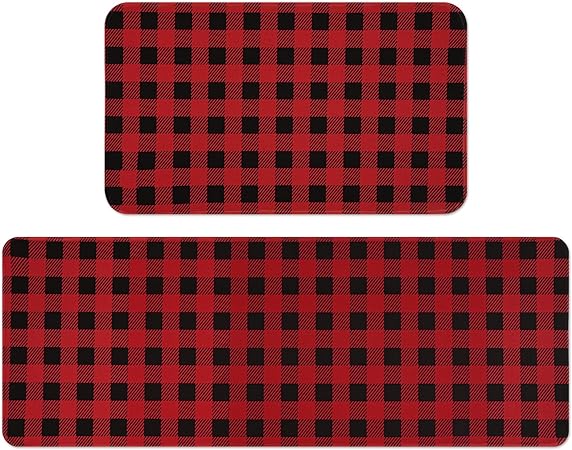 Non-Slip Washable Low-Profile Winter Xmas Buffalo Plaid Kitchen Mats Set of 2, 17