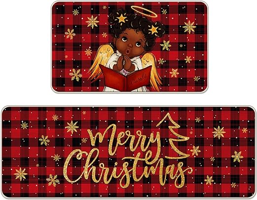 Religious Xmas Black Girl Angel African American Kitchen Mats Decor, 17x29 and 17x47 Inch