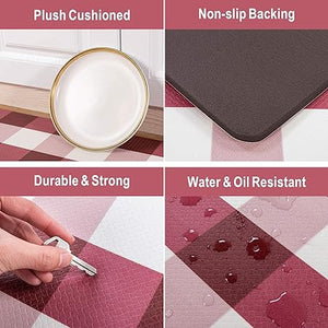 Cushioned Anti-Fatigue Waterproof Non-Slip Buffalo Plaid Heavy Duty PVC Ergonomic Comfort Standing Foam Mats, Rose&White, 17.3''x27.5''