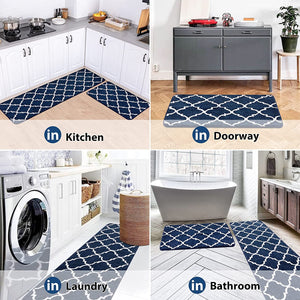 2 Pieces Set Absorbent Soft Microfiber Bath Mat Moroccan Trellis Non-Slip Kitchen Rugs - 17"x48"+17"x24", Grey