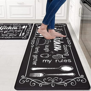 Sets of 2 Cushioned Anti-Fatigue Kitchen Rugs Non Slip Memory Foam Kitchen Mats and Rugs Waterproof Kitchen Floor Comfort Mats, 17'' x 47'' + 17'' x 30'', Brown