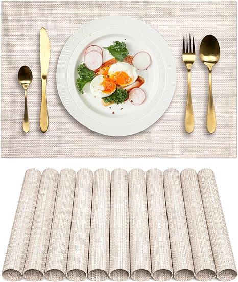 Set of 8 Heat-Resistant Non-Slip Washable Indoor/Outdoor Woven Vinyl Placemats for Kitchen Dining Table (12x18 Inches, Coffee-Colored)