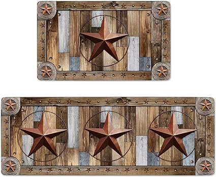 Farmhouse Wood Kitchen Rugs Mats Set of 2 Rustic Texas Star Anti-Fatigue Cushioned Kitchen Floor Mat Non-Slip Backing Washable Kitchen Rugs Set Office Laundry, 17inchx29.5inch+17inchx47inch