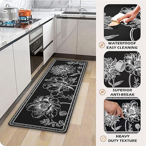 2 Pieces Anti-Fatigue Non-Slip Comfort Standing Kitchen Rugs 17.3x28+17.3x47 Black