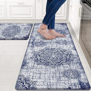 Anti Fatigue Kitchen Mats for Floor 2 Piece, Cushioned Comfort Kitchen Rugs Distressed Kitchen Sink Mats Waterproof Standing Mat for Kitchen, 17.3" x 47"+ 17.3" x 30"