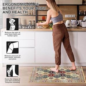 Anti Fatigue 2 Pieces Blue Kitchen Rugs Non Slip Waterproof Kitchen Floor Mats Cushioned Boho Kitchen Runner Rug Comfort Memory Foam Kitchen Mats for Floor,Front of Sink,Laundry Room