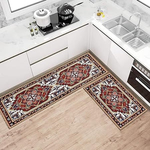 2 Piece Washable Non-Slip Black Boho Kitchen Mats