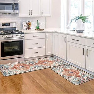 Blue Flowers Bohemia Kitchen Mats Set of 2  - 17x29 and 17x47 Inch