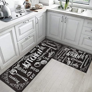 Non Skid Washable Set of 2, Black Cooking Modern Kitchen Runner Rug,