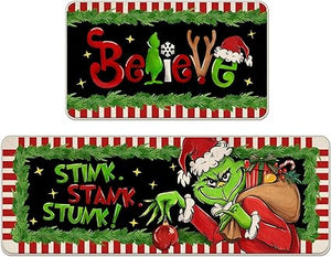 Set of 2, Xmas Gifts Stink Stank Stunk Green Kitchen Mats Decor, Red White Stripes Holiday Door Mat Home Decorations - 17x29 and 17x47 Inch