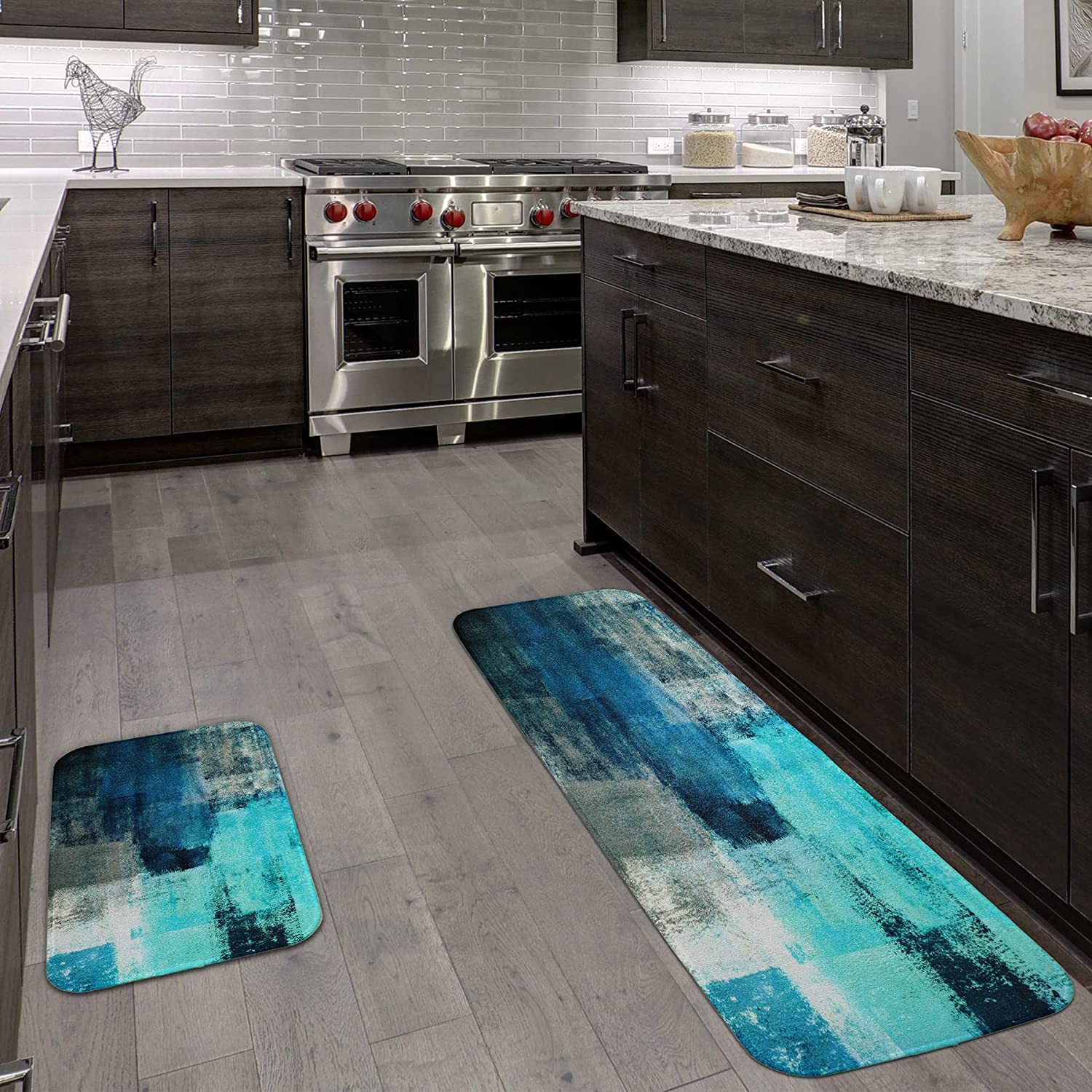 JXIONGF Soft Kitchen Rugs 2 Pieces, Turquoise Grey Abstract Art Painting  Washable Non-Slip Kitchen Mat Set 16 x 24+16 x 48 Rug for Kitchen
