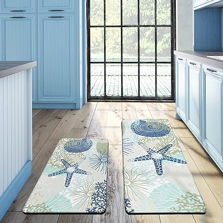 Teal Blue Kitchen Mats Set of 2 Cushioned Anti Fatigue Kitchen Rugs  Waterproof Non Slip Kitchen Runner PVC Leather Memory Foam Kitchen Floor  Mat