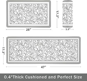 Anti Fatigue Mats for Kitchen Floor Kitchen Rugs Grey Paisley Boho Memory Foam Kitchen Mat Cushioned PVC Leather Kitchen Rug Set, 17.3x28+17.3x47 inchs