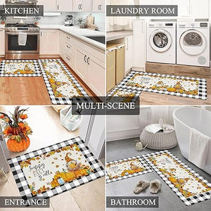 Anti Fatigue Kitchen Rugs Set of 2, Non Slip Waterproof Kitchen Rugs and Mats Sets Thick Cushioned Kitchen Mats, Thanksgiving Buffalo Plaid Pumpkin Gnomes Kitchen Mats for Office Home