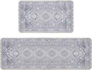 Blue Flowers Bohemia Kitchen Mats Set of 2  - 17x29 and 17x47 Inch