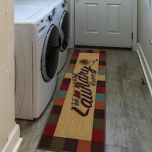 Machine Washable Checkered Border Laundry Room Rug Non-Slip Rubberback 2x3 Laundry Area Rug