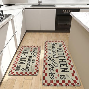 Set of 2 Anti Fatigue Kitchen Mats for Floor Foam Cushioned Non Slip Kitchen Rug Farmhouse Style Waterproof Comfort Padded Standing Mat for Sink, Laundry, 17.3 x 28 in +17.3 x 47 in