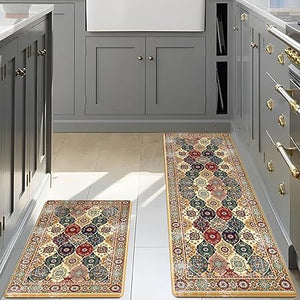 Anti Fatigue 2 Pieces Blue Kitchen Rugs Non Slip Waterproof Kitchen Floor Mats Cushioned Boho Kitchen Runner Rug Comfort Memory Foam Kitchen Mats for Floor,Front of Sink,Laundry Room