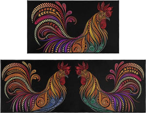 Rooster Colorful Chicken Non-Slip Washable Microfiber Kitchen Carpet 17x47+17x30 Inches