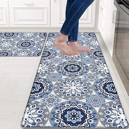 Set 2 Piece Cushioned Anti Fatigue Kitchen Mat Artistic, Rustic Kitchen Rugs and Mats No Skid Washable for Home, Waterproof Floor Comfort Mat PVC, 17