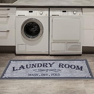 Machine Washable Checkered Border Laundry Room Rug Non-Slip Rubberback 2x3 Laundry Area Rug