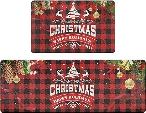 Anti Fatigue Non-Slip Christmas Memory Foam Thick Cushioned Waterproof Wipeable Kitchen Mat Set of 2, 17