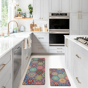 Boho Floral Kitchen Mats Set of 2, 17.3x28+17.3x47 Inch, 2/5 Inch