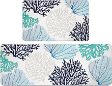 Set 2 Pcs Anti Fatigue Ocean Themed Coral Non-Slip Comfort Standing Cushioned for Kitchen, Home, Laundry (17.3" x28" + 17.3" x 47" 2/5 Inch Thick, Blue/Teal)