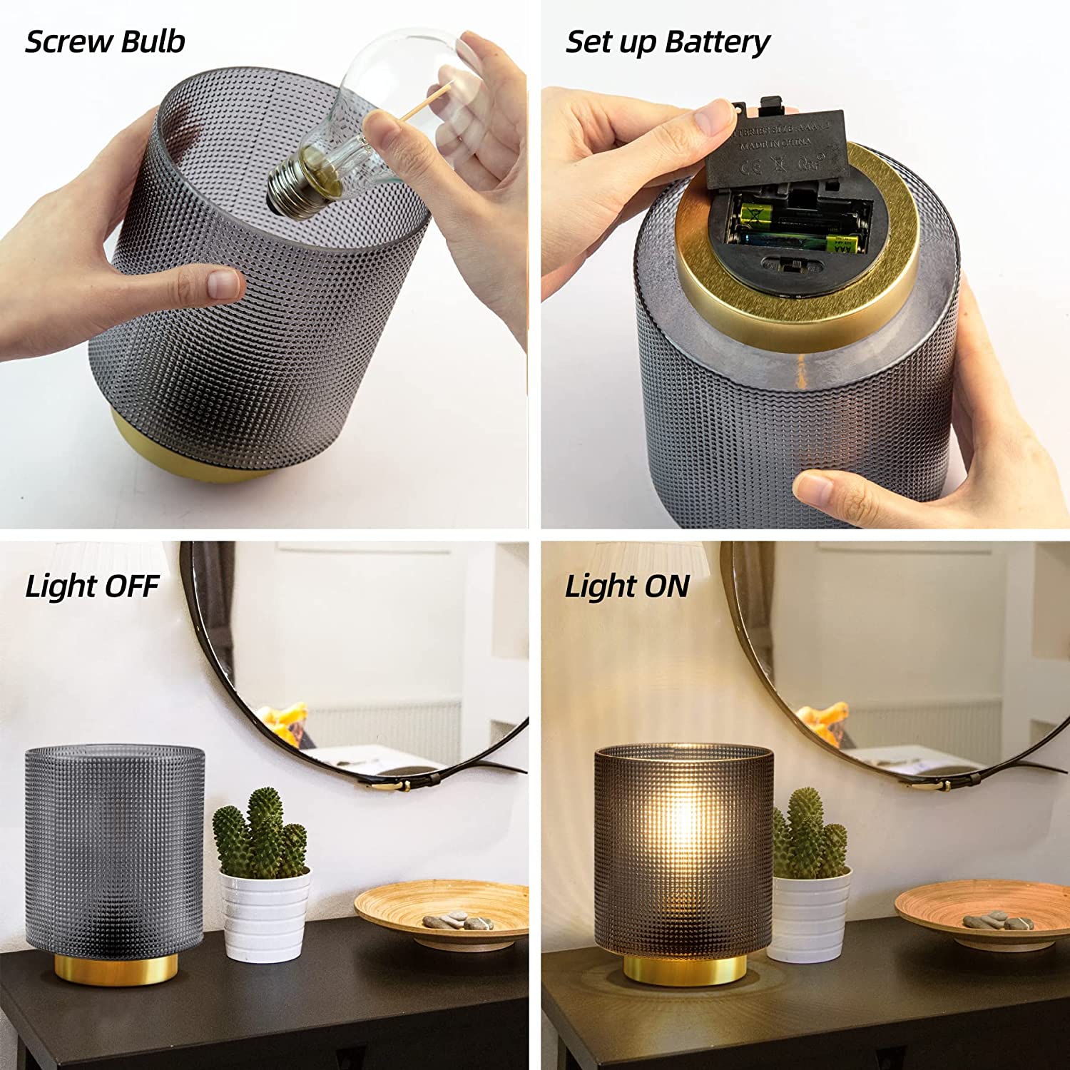 Battery Operated Lamp with Timer, Glass Cordless Lamp for Power