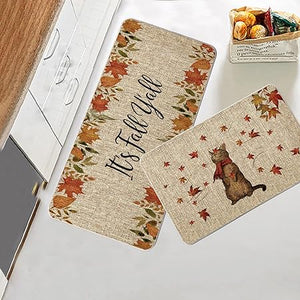 Set of 2, It's Fall Y'all Cat Kitchen Mats 17x27 and 17x47 Inch