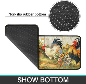 Set of 2, Farm Rooster Kitchen Mat, Seasonal Holiday Cooking Sets Washable Non-Slip Floor Mats for Home Kitchen Decor - 17x29 and 17x47 Inch