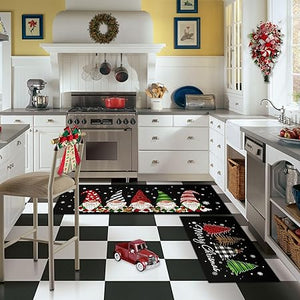 Set of 2 - Buffalo Plaid Tree Gnomes Black Kitchen mat, 17x29 and 17x47 Inch