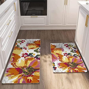 Floral Anti Fatigue 2 Pieces - 17.3’’x29.5’’ + 17.3’’x47.2’’ Comfort 0.4’’ Thick Cushioned Padded Waterproof Flowers Kitchen Rugs