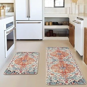 Blue Flowers Bohemia Kitchen Mats Set of 2  - 17x29 and 17x47 Inch