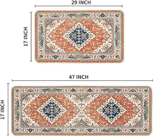 Blue Flowers Bohemia Kitchen Mats Set of 2  - 17x29 and 17x47 Inch